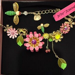 Betsy Johnson Floral Gold Necklace with Pink and Green Bug and Floral Accents